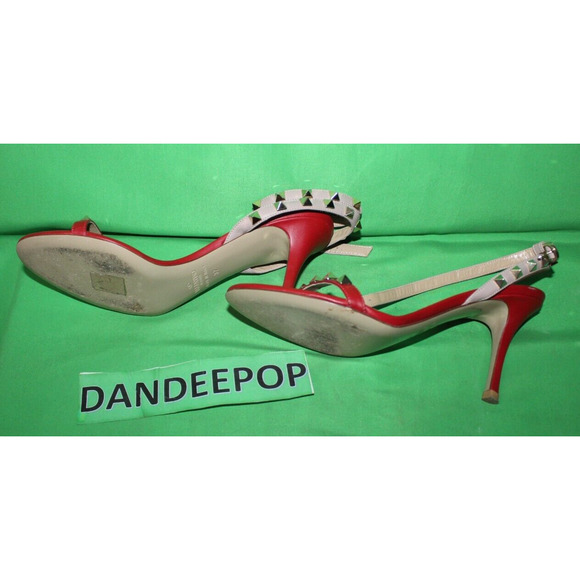 Valentino Garavani Gold Rockstud Red Calfskin Leather Sandal Heels Size 37 - Picture 10 of 11